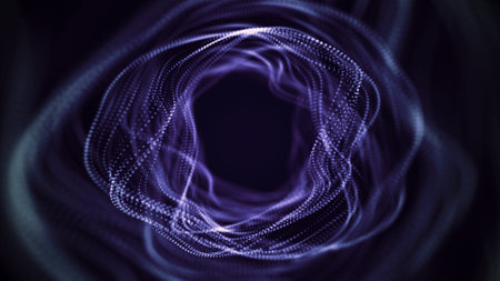 Cyber tunnel consisting of moving glowing points. Futuristic infinite space background. Concept of...