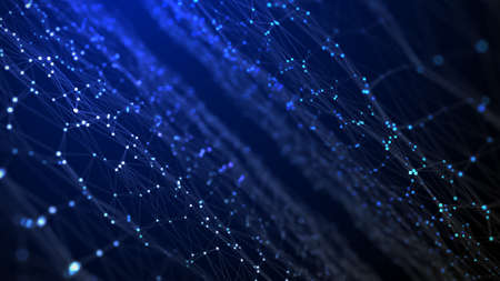 Abstract blue wave with moving dots. Flow of particles. Technology illustration. 3d rendering