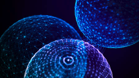 Blue molecule. Sphere consisting of points and lines. Modern wireframe elements. Technology sphere. 3d rendering.の写真素材