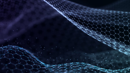 Abstract hexagon wave with moving dots. Flow of particles. Cyber technology illustration. 3d...