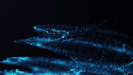 Abstract particle vortex. Futuristic dynamic wave moving in space. Illustration with explosion of...