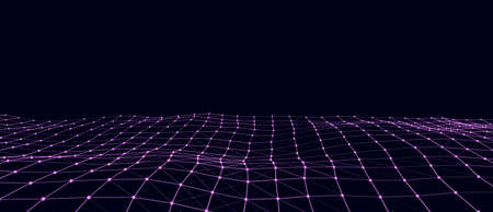 Abstract perspective grid. Digital background in retro style. Wireframe cyber landscape on blue background. 3d rendering.のイラスト素材