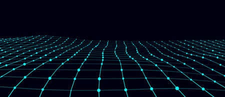 Abstract perspective grid. Digital background in retro style. Wireframe cyber landscape on blue background. 3d rendering.のイラスト素材