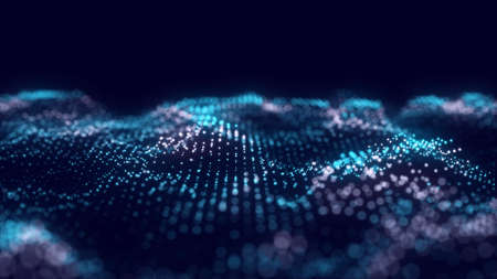 Abstract blue wave with moving dots. Flow of particles. Technology illustration. 3d renderingの写真素材