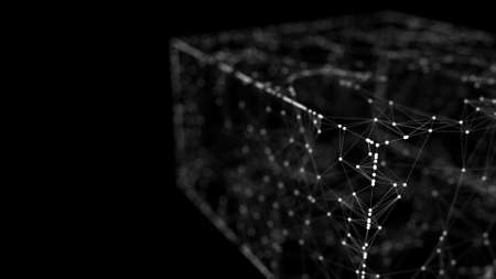 Abstract wireframe cube whith connection dots and lines. Digital blockchain concept and data transfer system. Storage cells of datas. 3d rendering.の写真素材