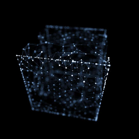 Abstract wireframe cube whith connection dots and lines. Digital blockchain concept and data transfer system. Storage cells of datas. 3d rendering.の写真素材