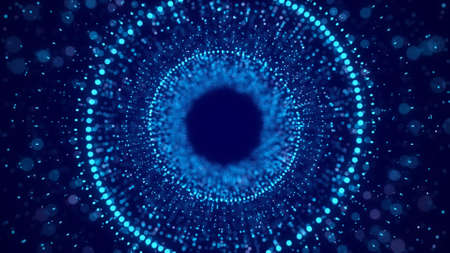 Cyber tunnel consisting of moving glowing points. Futuristic infinite space background. Concept of data transfer in cyberspace. Hi-tech illustration. 3d rendering.の写真素材