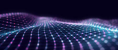 Digital blue background with moving glowing particles. Futuristic moving wave. Big data...