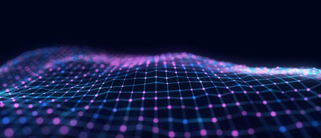 Abstract background with glowing particles. Digital moving wave. Futuristic illustration with explosion of data. 3d rendering.の写真素材