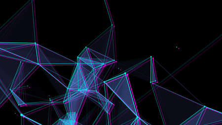 Network connection structure with glitch effect. Abstract blue background with moving dots and...