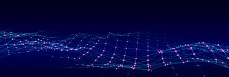 Futuristic moving wave. Digital background with moving glowing particles and lines. Big data visualization. vector illustration.のイラスト素材