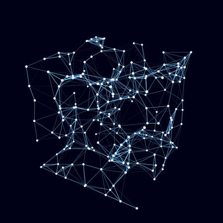Abstract wire frame cube with connection dots and lines. Digital blockchain concept and data...