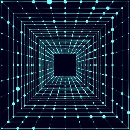 Cyber square tunnel consisting of moving glowing points. Futuristic infinite space background. Concept of data transfer in cyberspace. Hi-tech illustration. vector illustration.のイラスト素材