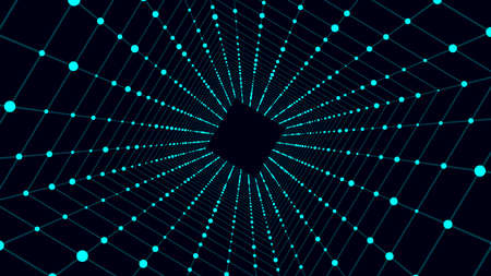 Cyber square tunnel consisting of moving glowing points. Futuristic infinite space background. Concept of data transfer in cyberspace. Hi-tech illustration. vector illustration.のイラスト素材