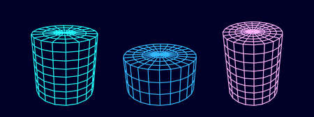 Set of color wire frame cylinder. 3d geometric shapes. Realistic isolated model. Vector isometric...