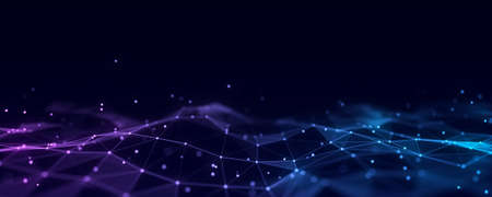 Abstract futuristic wave with moving dots. Flow of colored particles. Cyber technology illustration....