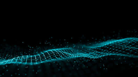 Abstract futuristic wave with moving dots. Flow of colored particles and lines. Cyber technology illustration. Big data visualization. 3d renderingの写真素材