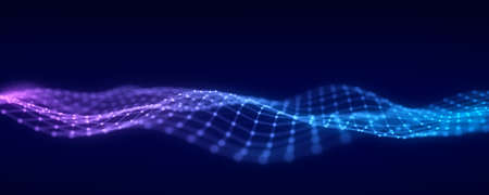Abstract futuristic wave with moving dots. Flow of colored particles and lines. Cyber technology...