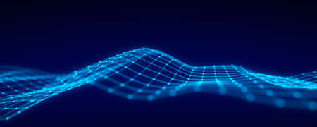 Futuristic moving wave. Digital background with moving glowing particles and lines. Big data visualization. 3d renderingの写真素材
