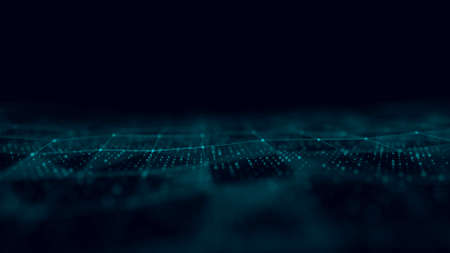 Abstract futuristic wave with moving dots, lines and triangles. flow of particles. Cyber technology...