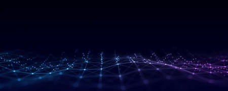 Futuristic moving wave. Digital background with moving glowing particles and lines. Big data...