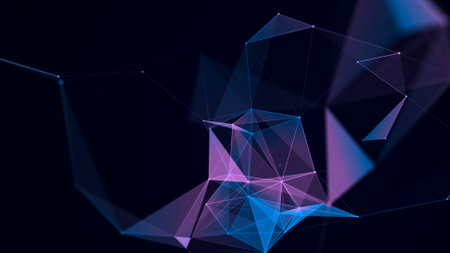 network connection structure. Abstract blue background with moving dots, lines and triangles....
