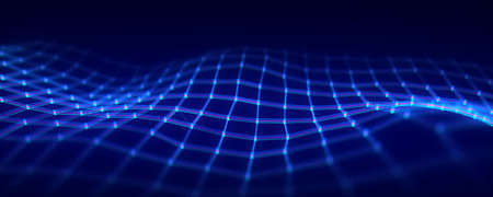 Abstract futuristic wave with moving dots. Flow of colored particles and lines. Cyber technology...