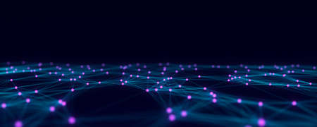 Abstract futuristic wave with moving dots and lines. flow of particles. Cyber technology illustration. 3d renderingの写真素材