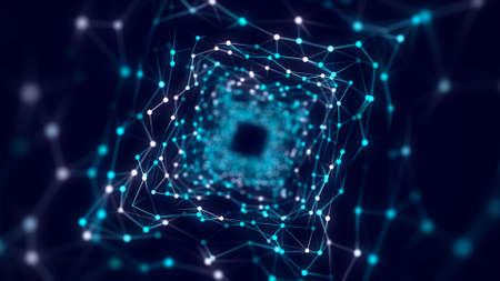 Cyber square tunnel consisting of moving glowing points. Futuristic infinite space background....