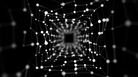 Cyber square tunnel consisting of moving glowing points. Futuristic infinite space background. Concept of data transfer in cyberspace. Hi-tech illustration. 3d renderingの写真素材
