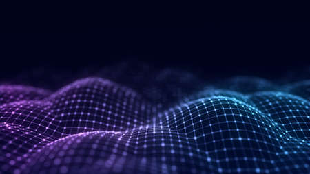 Abstract futuristic wave with moving dots. Flow of colored particles and lines. Cyber technology illustration. Big data visualization. 3d renderingの写真素材