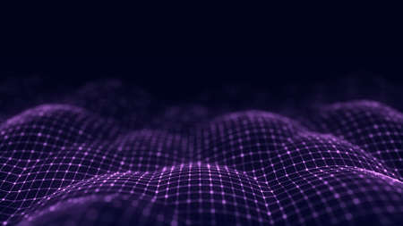 Abstract futuristic wave with moving dots. Flow of colored particles and lines. Cyber technology illustration. Big data visualization. 3d renderingの写真素材