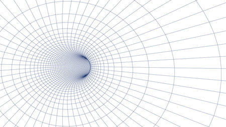 Futuristic blue funnel. Wireframe space travel tunnel. Abstract blue wormhole with surface warp. vector illustration.のイラスト素材