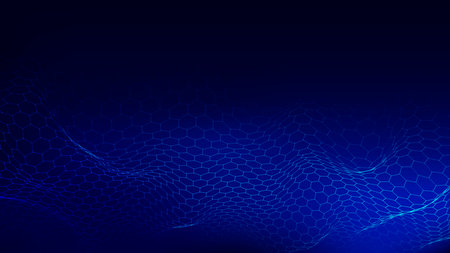 Abstract futuristic hexagon wave with moving dots and lines. flow of particles. Vector cyber technology illustration.の写真素材