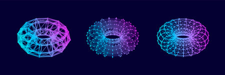 Set of color wireframe torus. 3d geometric forms. Realistic isolated model. Vector isometric shapes.のイラスト素材