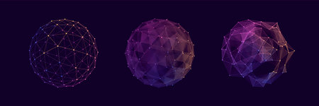 Set of color wireframe spheres. 3d geometric shapes icosahedrom. Realistic isolated model. Vector...