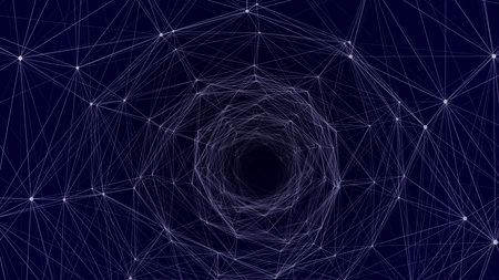 Cyber tunnel consisting of moving glowing points. Futuristic infinite space background. Concept of data transfer in cyberspace. Hi-tech illustration. Vector illustration.のイラスト素材