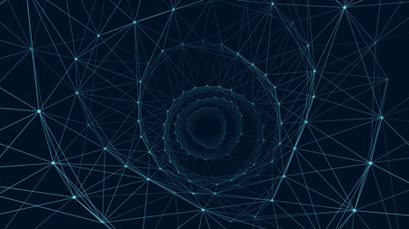 Cyber tunnel consisting of moving glowing points. Futuristic infinite space background. Concept of data transfer in cyberspace. Hi-tech illustration. Vector illustration.のイラスト素材