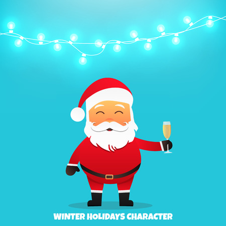 Santa Claus holding champagne glass in hand. Holiday illustration with garlandのイラスト素材