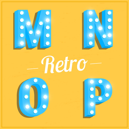 Glowing retro alphabet, font. Typeface with shiny lightbulbsのイラスト素材