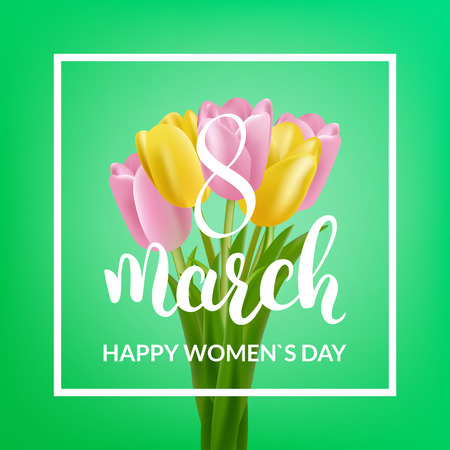 8 March. International Women`s Day card. Tulips bouquet and calligraphyのイラスト素材