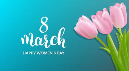 Womans Day greeting card. 8 March holiday background. Tulips bouquet and calligraphy.のイラスト素材