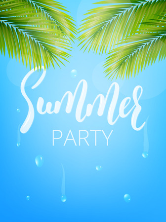 Summer Party Poster. Summer vector illustration with palm leaves, water drops and lettering.のイラスト素材