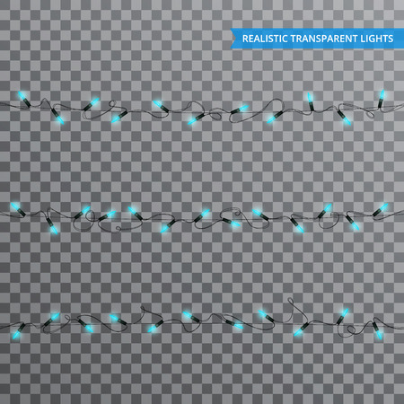 Christmas lights. Realistic string lights design elements with transparency. Glowing lights for winter holidays. Shiny garlands for Xmas and New Yearのイラスト素材