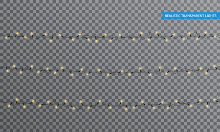 Christmas lights. Realistic string lights design elements with transparency. Glowing lights for winter holidays. Shiny garlands for Xmas and New Yearのイラスト素材