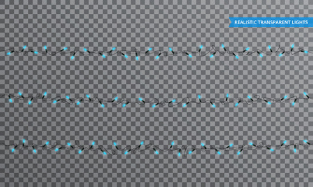 Christmas lights. Realistic string lights design elements with transparency. Glowing lights for winter holidays. Shiny garlands for Xmas and New Yearのイラスト素材