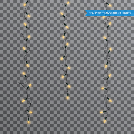 Christmas lights. Realistic string lights design elements with transparency. Glowing lights for winter holidays. Shiny garlands for Xmas and New Yearのイラスト素材