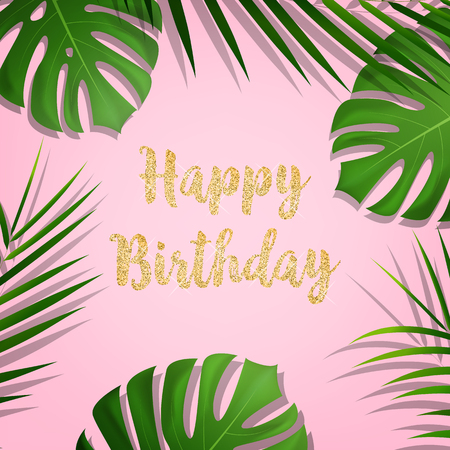 Birthday card. Gold glitter Happy Birthday typography and exotic palm leaves on trendy pink backgroundの写真素材