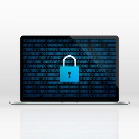 Cyber security. Concept of data security. Realistic laptop with binary code on display and lockのイラスト素材