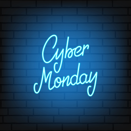 Cyber Monday. Neon script lettering Cyber Monday. Neon background for winter seasonal sale events.のイラスト素材